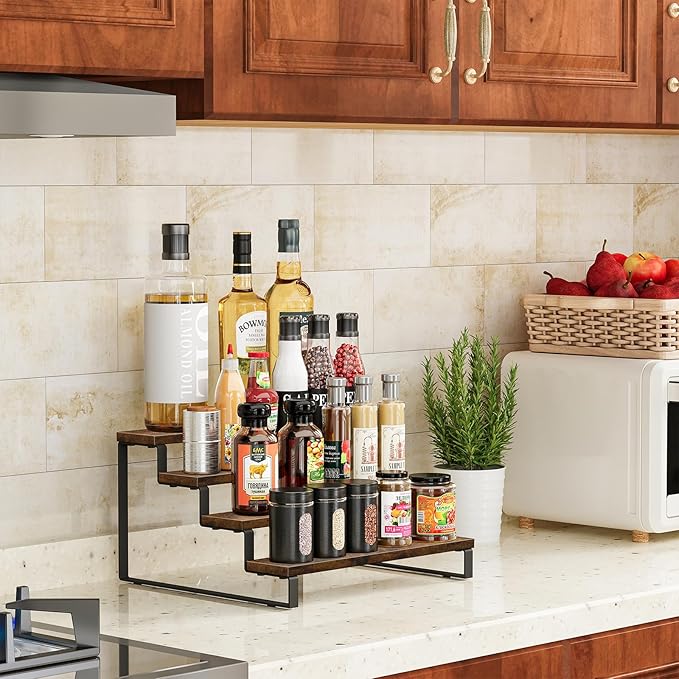 Giikin 4 Tier Spice Rack, Wooden Spice Rack for Countertop, Kitchen Counter Storage Shelves Cupcake Stand Holder Display Stand, Rustic Brown-Ruum Studio Home