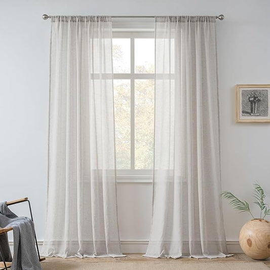 FMFUNCTEX Linen Sheer Curtains for Bedroom, Grey Curtains 96 inches Long for Living Room, Gray Farmhouse French Flax Blend Window Draperies, Rod Pocket 2 Panels Set-Ruum Studio Home