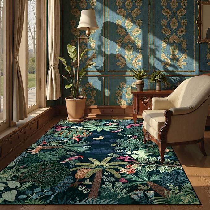 LIVEBOX 6x9 Jungle Dark Rug Dining Room Rugs for Under Table, Soft Modern Green Rugs for Living Room, Washable Kids Rug for Boy Bedroom, Non-Skid Kids Carpet Playmat for Play-Ruum Studio Home