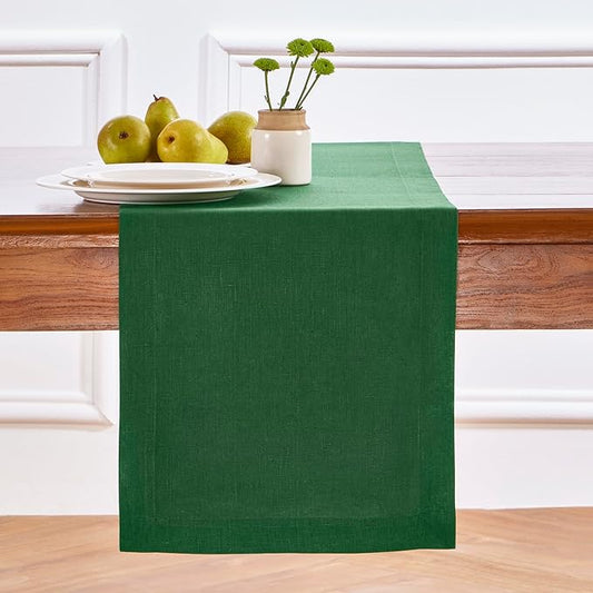 Solino Home Linen Table Runner 72 Inches Long - 100% Pure Linen Pine Green Dining Table Runner 14 x 72 Inch for Fall, Autumn, Thanksgiving - Fete-Ruum Studio Home