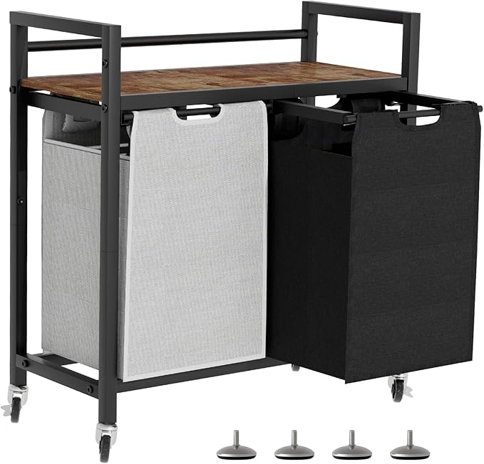 Laundry Hamper, Laundry Basket, Laundry Sorter with 2 Removable Bags, Clothes Basket with 2 Compartments, Wheels, Shelf for Laundry Room Bathroom Bedroom (2 Bags-Black Grey)-Ruum Studio Home