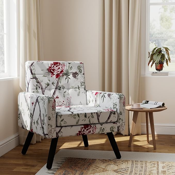 Kromax Mid-Century Modern Accent Chair for Living Room, 496 Lb. Weight Capacity, Dual Armrests, Comfy Extra Large Seat, Timeless Style Perfect for Reading & Relaxing, Red Floral-Ruum Studio Home