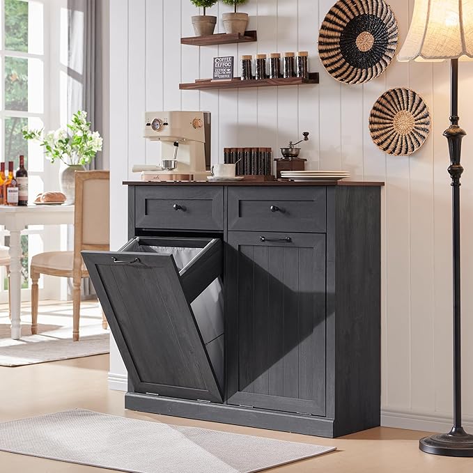 Double Tilt Out Laundry Hamper Cabinet, 20 Gallon Farmhouse Trash Can Cabinet with Drawer, Hidden Wood Garbage Can Bin Cabinet with Laundry Storage Basket for Bathroom, Kitchen, Dark Grey-Ruum Studio Home
