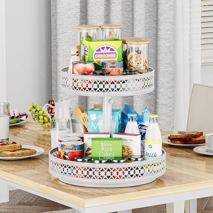 Lazy Susan Organizer 2 Tier - Turntable Spice Rack 12 inch Adjustable Metal Rotating Lazy Susan for Cabinet Pantry Kitchen Countertop Dining Table Cupboard Bathroom Vanity Storage White-Ruum Studio Home
