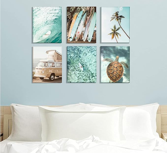 Set of 6 Tropical Beach Canvas Wall Art Surf Poster Summer Ocean Coastal Pictures Turtle Print Palm Tree Surfboard Gallery Paintings Nautical Bus Wall Decor for Bedroom Bathroom Framed-Ruum Studio Home