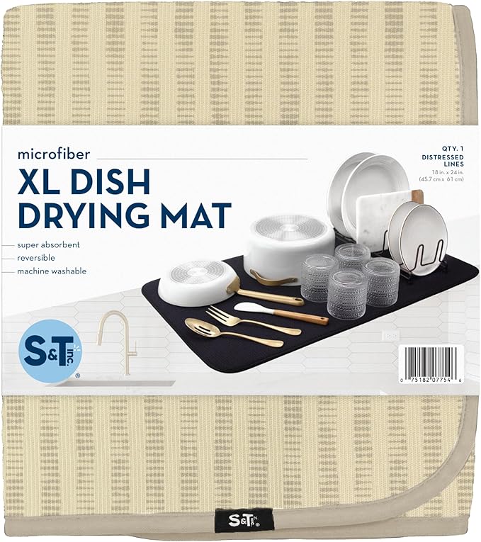S&T INC. Dish Drying Mat XL, 18” x 24”, Absorbent Microfiber Kitchen Counter Mat, Dish Drying Pad for Dishes, Utensils, Pots and Pans, Extra Large, Cream Distressed Lines-Ruum Studio Home