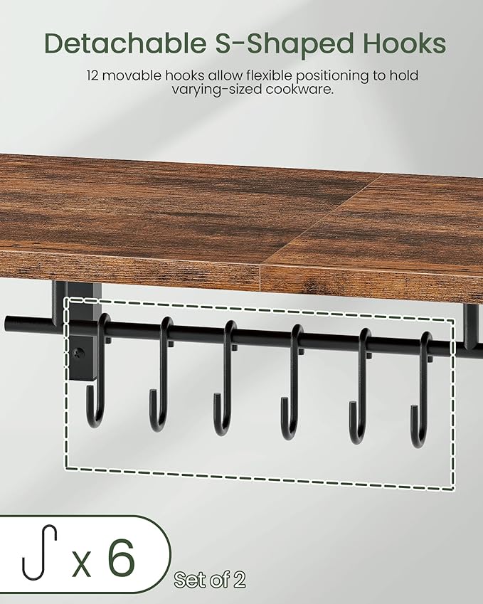 Wall-Mounted Pot Racks, Set of 2 Hanging Pot Rack, Floating Shelves, Wall Shelves, Vintage Pot Hangers for Kitchen, Wall Rack for Kitchen Storage, Rustic Brown and Black TPR26P2BF-Ruum Studio Home