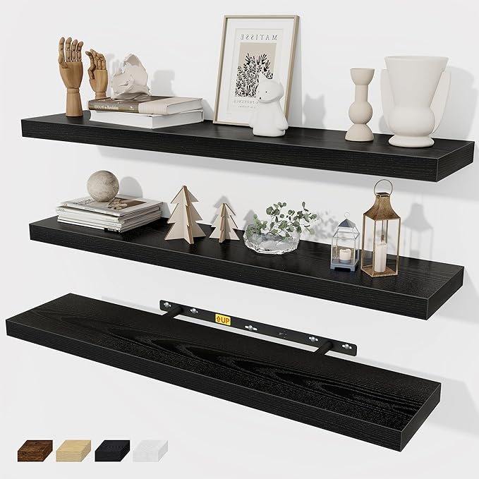 Fun Memories 32 Inch Floating Shelves Wall Shelf Set of 3, Black Bathroom Shelves 32 Inch, Farmhouse Home Decor Living Room, Kitchen Black Shelves for Wall, 32 x 6.7 x 1.4 Inch-Ruum Studio Home