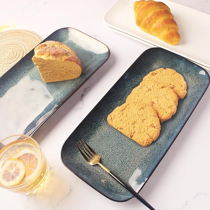 Serving Platters Set of 4, Rectangular Serving Plates, Serving Trays for Entertaining Party, Microwave,Oven,Dishwasher Safe,Kitchen Dinnerware, Blue reactive glaze 12.7 Inch-Ruum Studio Home