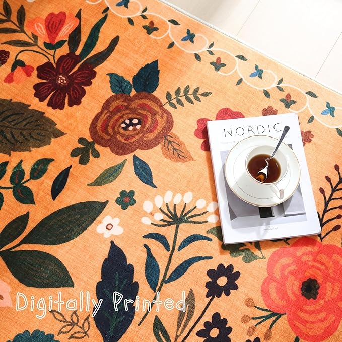 Round Rug 4ft Washable Circle Rug Non Slip Low Pile Boho Floral Small Circular Rug for Bedroom, Bathroom, Entryway, Kids Room, Office, College Dorm(Yellow)-Ruum Studio Home