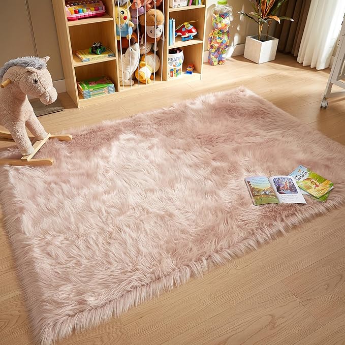 AMTOVO Faux Fur Sheepskin Rug for Living Room, 4 x 6 ft Pink Fluffy Area Rug for Bedroom, Playroom, Luxury Room Decor, Rectangle-Ruum Studio Home