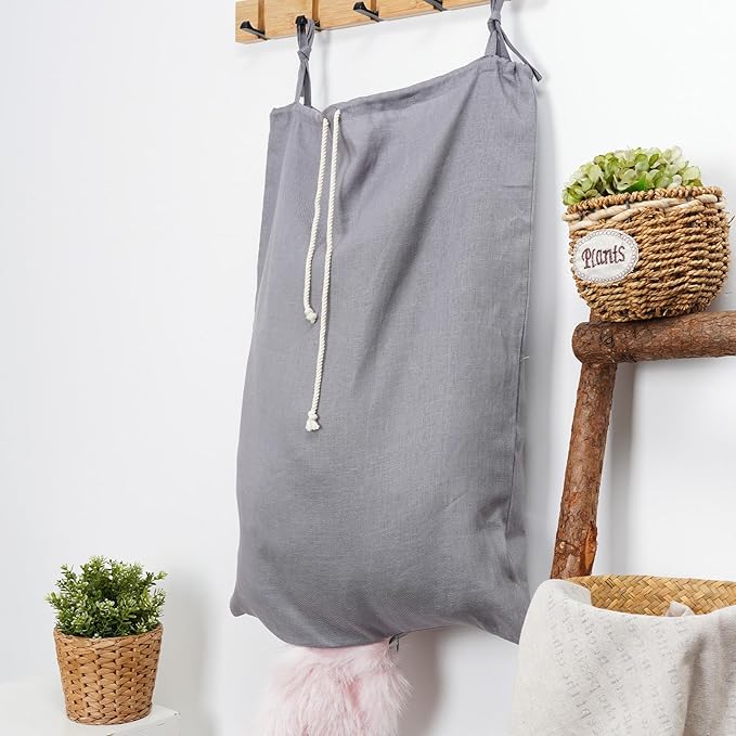 Linen Hanging Laundry Bag, Over The Door Laundry Hamper for Dirty Clothes, Drawstring Closure with Bottom Zipper, Gray-Ruum Studio Home