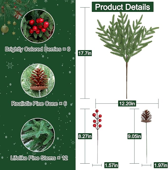 24 Pcs Christmas Norfolk Pine Stems, Realistic DIY Artificial Pine Branches for Christmas Decorations-Ruum Studio Home