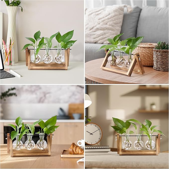 YIBOT Plants Propagation Stations,Desk Plant Terrarium with Retro Wooden Stand,Plant Lover Gifts for Women for Hydroponics Plants Home Garden Wedding Decor(3 Bulb Vase)-Ruum Studio Home