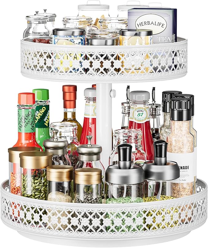 Lazy Susan Organizer 2 Tier - Turntable Spice Rack 12 inch Adjustable Metal Rotating Lazy Susan for Cabinet Pantry Kitchen Countertop Dining Table Cupboard Bathroom Vanity Storage White-Ruum Studio Home