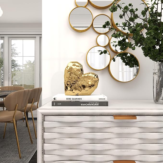 Deco 79 Porcelain Ceramic Heart Decorative Sculpture Dimensional Angled Origami Inspired Home Decor Statue, Accent Figurine 8" x 3" x 8", Gold-Ruum Studio Home