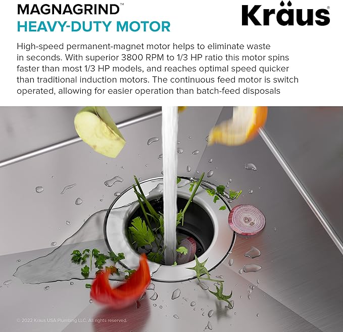 KRAUS WasteGuard 1/3 HP Ultra-Quiet Garbage Disposal with Quick Connect, Kitchen Sink Drain Cover, Power Cord and Flange Included, KWD100-33MBL-Ruum Studio Home