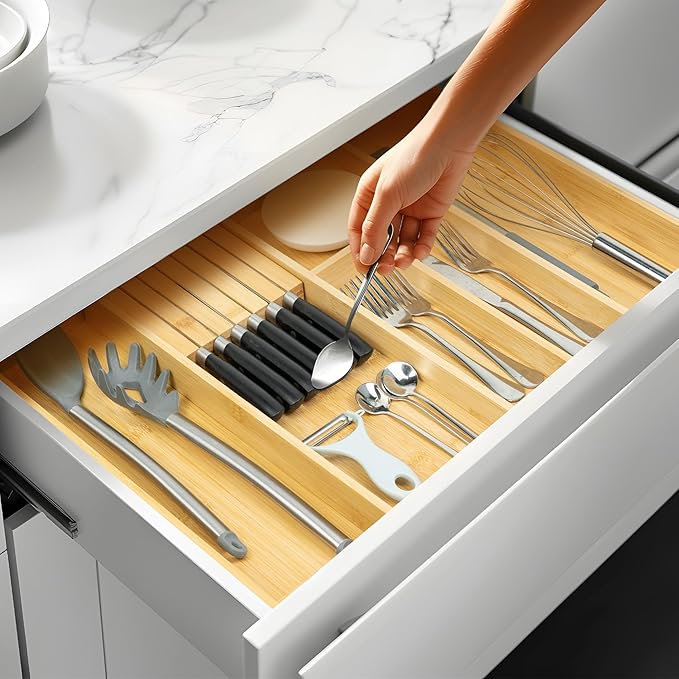 VaeFae Bamboo Kitchen Drawer Organizer, Wooden Utensil Tray with Multiple Compartments, Cutlery and Silverware Storage-Ruum Studio Home