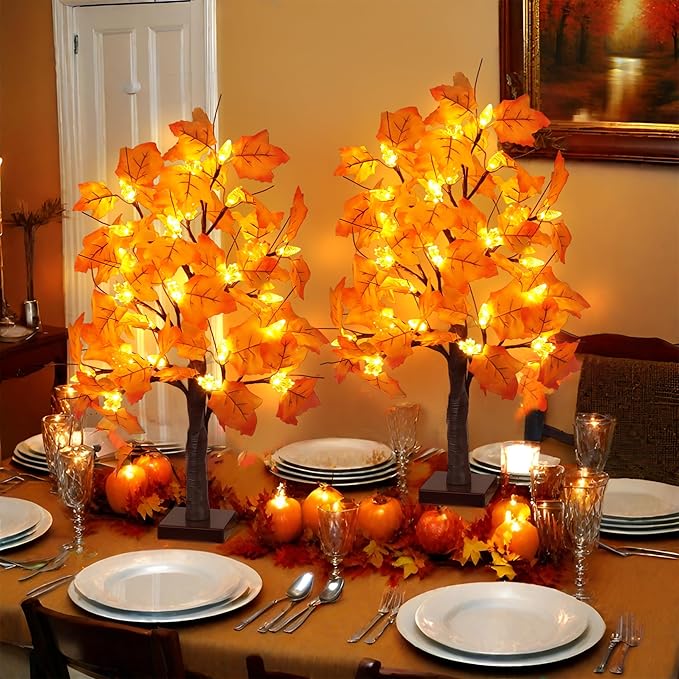 2 Pack 24 Inch Prelit Fall Maple Tree Fall Decor with 48 LEDs Timer Battery Operated Artificial Fall Light Up Tree Maple Acorn for Fall Thanksgiving Decorations Table Home Office Indoor Autumn Harvest-Ruum Studio Home