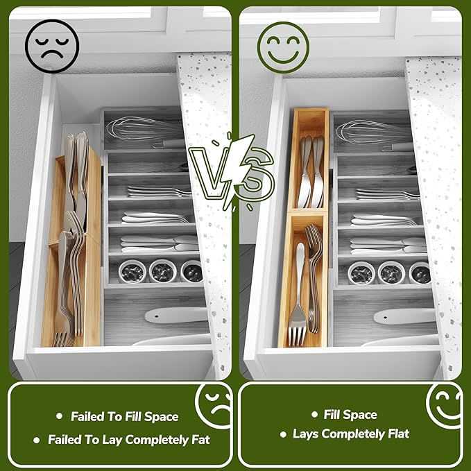 BAMEOS Kitchen Drawer Organizer,Small Silverware Drawer Organizer,Bamboo Utensil Organizer for Bathroom, Dressing Room, Office, Pantry (Natural, 11"x 3") Set of 2-Ruum Studio Home