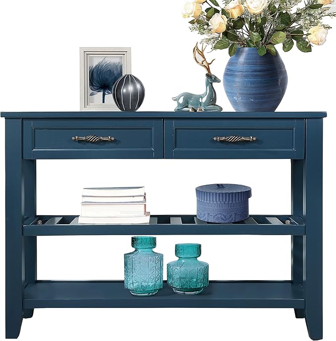 Solid Wood Console Table Entryway Table with Storage Drawers and Shelves Sofa Table for Entry Hallway Foyer(42" Navy Blue)-Ruum Studio Home