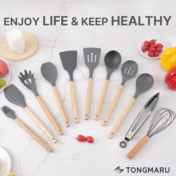 Silicone Cooking Utensils Set, Premium Beech Wood Handle Kitchen Gadgets Utensil Set, Non-Stick Kitchen Utensils Spatula, Tongs, Turner, Whisk, Brush, Spoon, BPA FREE, 446°F Resistant (Dark Gray)-Ruum Studio Home