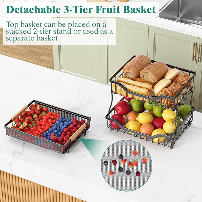 Giwil 3 Tier Countertop Fruit Mesh Basket for Kitchen, Vegetable Storage Bread Fruit Bowl Stand with 2 Banana Hooks, Wall Mounted Metal Wire Basket Organizer for Potato Onion, Black-Ruum Studio Home
