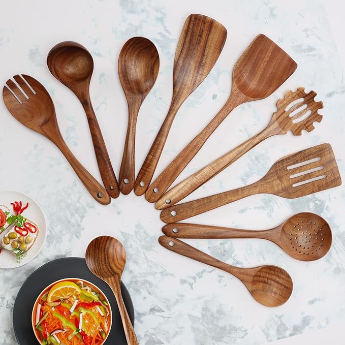 Zulay Kitchen 9-Piece Teak Wooden Utensils for Cooking - Natural Teak Utensil Set with Premium Gift Box - Non-Stick Wooden Spoons for Cooking - Kitchen Gift Set - Comfortable Grip Wooden Utensil Set-Ruum Studio Home