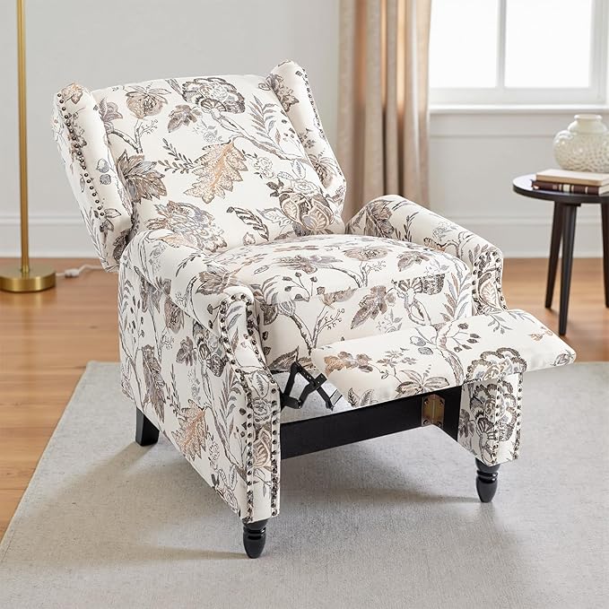 UIXE Recliner Chairs Set of 2, Fabric Upholstered Armchair Pushback Accent Chair for Living Room, Floral Rivet Trim Club Chair Home Theater Single Sofa Bedroom Side Reading Seat - Beige Plants-Ruum Studio Home