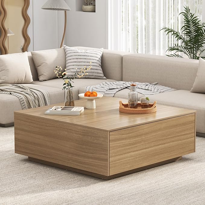 43” Square Coffee Table with Storage, 43" D x 43" W x 17" H Modern Large Square Center Table with 2 Drawers, Wood Coffee Table for Living Room, Light Brown,Bedroom,Light Brown-Ruum Studio Home