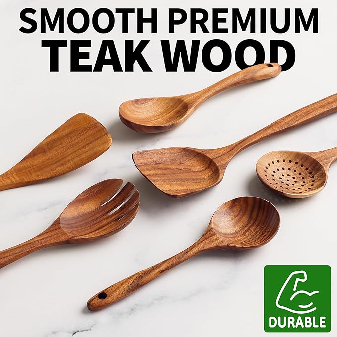 Zulay Kitchen 6-Piece Wooden Cooking Spoons Set – Heat-Resistant, Smooth Teak Utensils with Comfort Grip – Lightweight & Durable – Easy to Clean, Perfect for Non-Stick Cookware-Ruum Studio Home