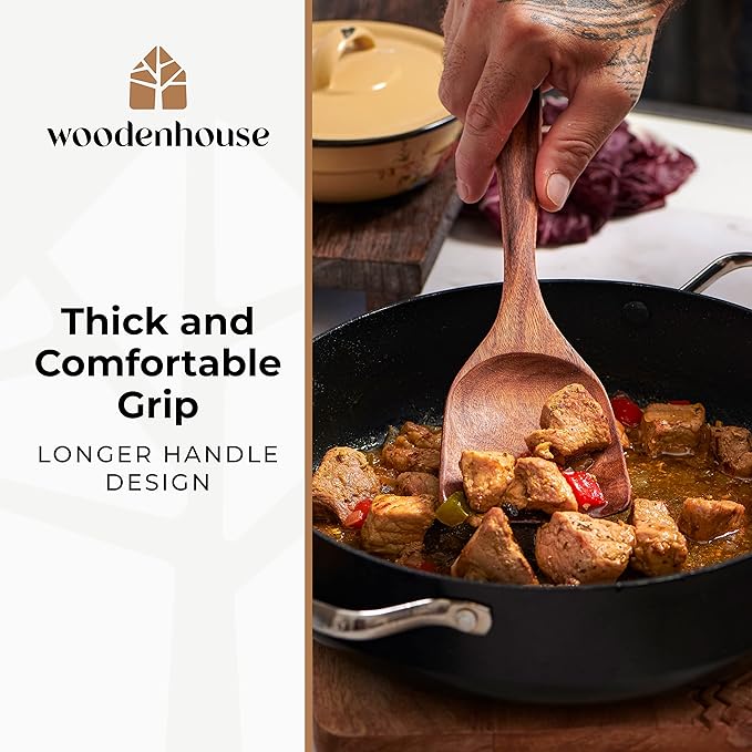 Wooden Spoons for Cooking – Wooden Cooking Utensils Set with Holder, Spoon Rest & Hooks, Teak Wood Nonstick Kitchen Cookware – Durable Set of 12pcs by Woodenhouse-Ruum Studio Home
