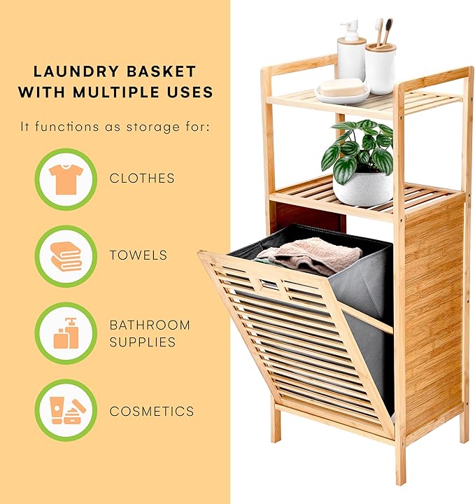 Prosumer’s Choice Bamboo Tilt-Out Laundry Hamper with 2-Tier Storage Shelves – Freestanding Clothes Hamper with Removable Liner, Space-Saving Design for Bathroom or Bedroom – 15.5”L x 11.8”W x 37.4”H-Ruum Studio Home