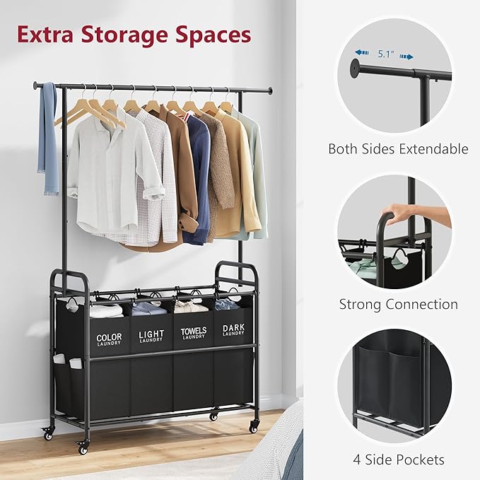 Tajsoon Laundry Sorter Cart with Hanging Clothes Rack, 4 Butler Sorter Basket Organizer, Laundry Hamper Cart with Heavy Duty Rolling Lockable Wheels, Black-Ruum Studio Home