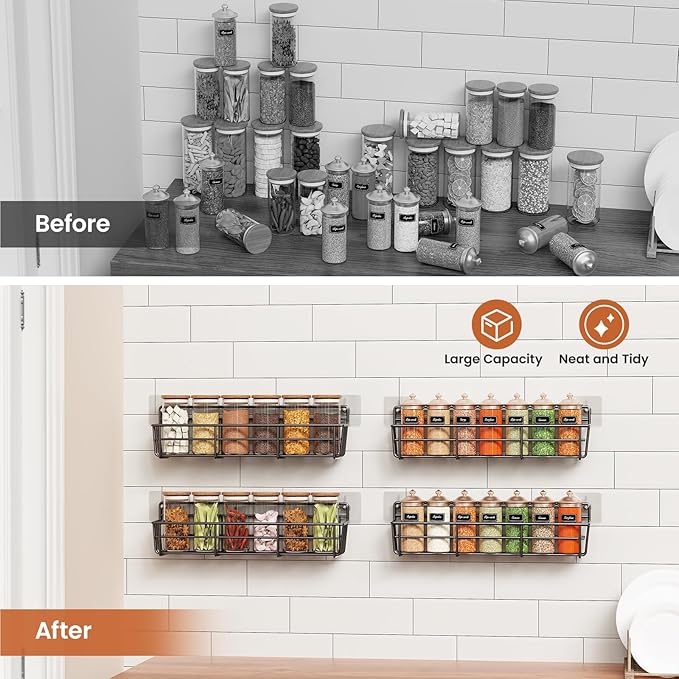 Spice Rack Organizer Wall Mount, Hanging Spice Pantry Storage Shelf Organization, 4 Pack Space Saving Seasoning Organizer for Kitchen Cabinet, Door or Bathroom, Black-Ruum Studio Home