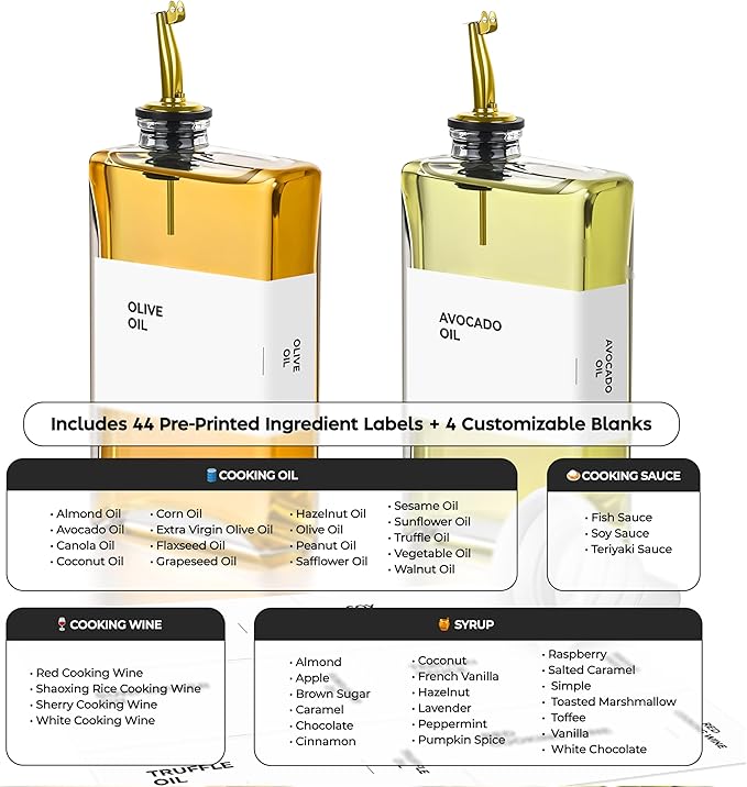 Olive Oil Dispenser Bottle - Includes 44 Kitchen Essential Labels - Cooking Oil Bottles for Kitchen, Coffee Syrup Dispenser - Pourer Spout with 11.8 fl oz Glass Container Cruet - 2pcs, Gold