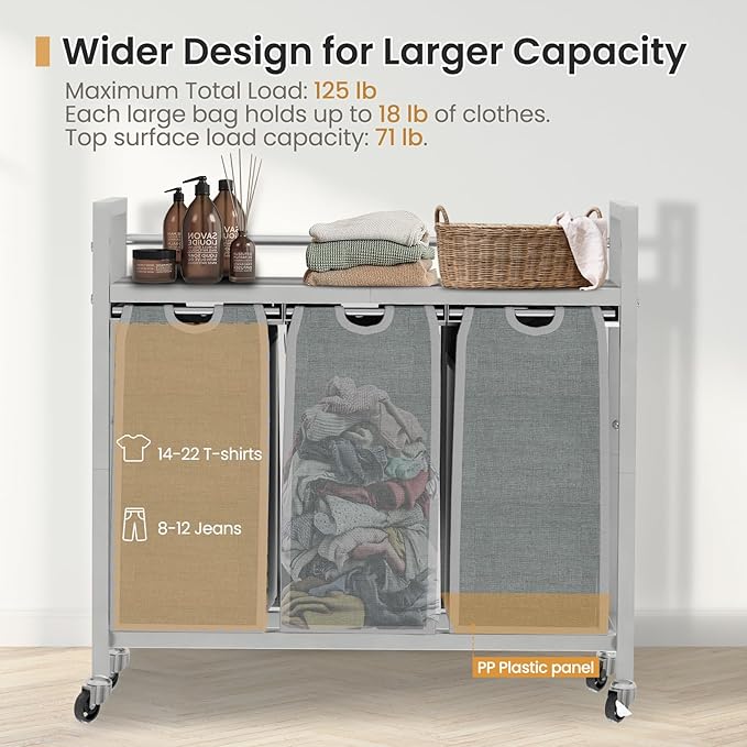 Laundry Hamper, Laundry Basket, Laundry Sorter with 3 Removable Bags, Clothes Basket with 3 Compartments, Wheels, Shelf for Laundry Room Bathroom Bedroom (3 Bags-Gray)-Ruum Studio Home