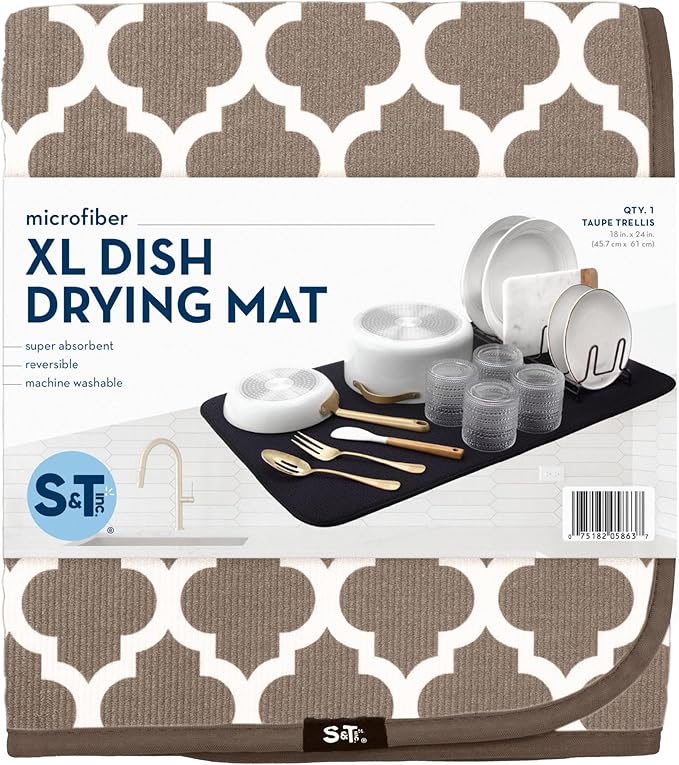 S&T INC. Dish Drying Mat XL, 18” x 24”, Absorbent Microfiber Kitchen Counter Mat, Dish Drying Pad for Dishes, Utensils, Pots and Pans, Extra Large, Taupe Trellis-Ruum Studio Home