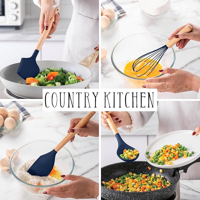 Country Kitchen Non Stick Silicone Utensil Set with Rounded Wood Handles for Cooking and Baking, 14 Piece Set, Navy-Ruum Studio Home