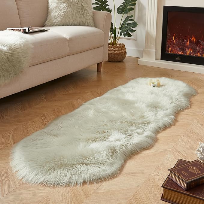 AMTOVO Faux Sheepskin Rug, Light Grey Ultra Soft Fluffy Shag Area Rug, 2 x 6 ft Faux Fur Rug for Bedroom Sofa Throw Cushion Room Decor, Sheepskin-Ruum Studio Home
