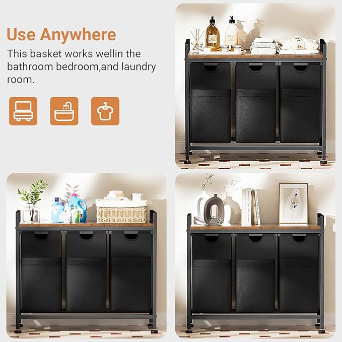 Lulive Laundry Hamper, Laundry Basket Organizer with 3 Pull-Out Removable Bags & Large Top Shelf, 3 × 12.5 Gal (142L) Freestanding Laundry Sorter 3 Sections for Laundry Room, Bathroom and Dorm-Ruum Studio Home