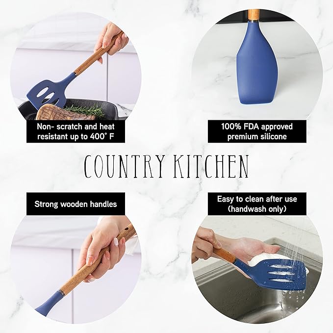 Country Kitchen Non Stick Silicone Utensil Set with Rounded Wood Handles for Cooking and Baking, 8 Piece Set, Navy-Ruum Studio Home