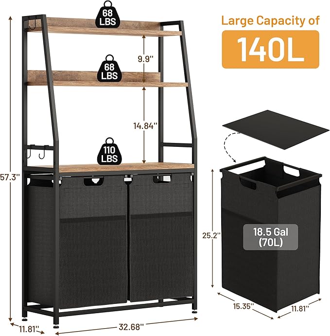 Lulive Double Laundry Hamper with Shelf, Laundry Basket with 3 Tier Storage Shelves & 4 Removable Hooks, Tall Laundry Sorter Clothes Hamper with Pull-Out Bags for Bathroom, Laundry Room-Ruum Studio Home