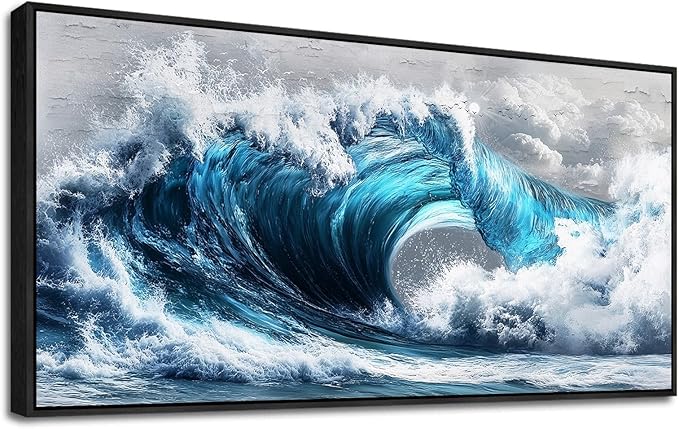 PHAOHUAXM Blue Wave lPaintings Wall Art For Living Room Wall Decor For Bedroom Ocean Inspiration Wall Pictures Office Decor Posters Modern Printing Canvas Artwork Home Decor Black Framed 20x40 In-Ruum Studio Home