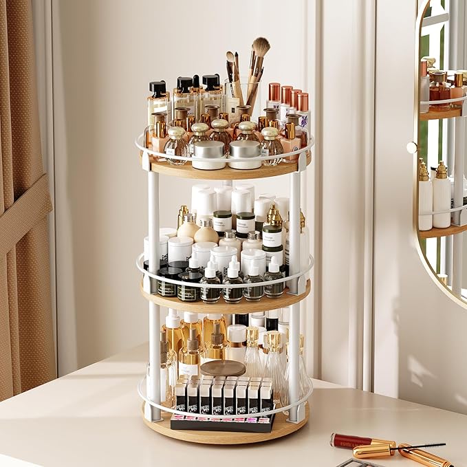 3-Tier Lazy Susan Organizer, Rotating Spice Rack, Spinning Organizer, Industrial Turntable Spice Rack Organizer for Cabinet, Kitchen Countertop, Pantry, White and Natural SR23WN-Ruum Studio Home