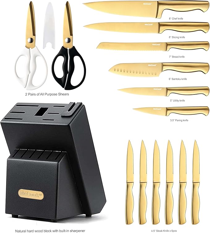 McCook® Knife Sets, Golden Titanium Stainless Steel Kitchen Knife Block Sets with Built-in Sharpener-Ruum Studio Home