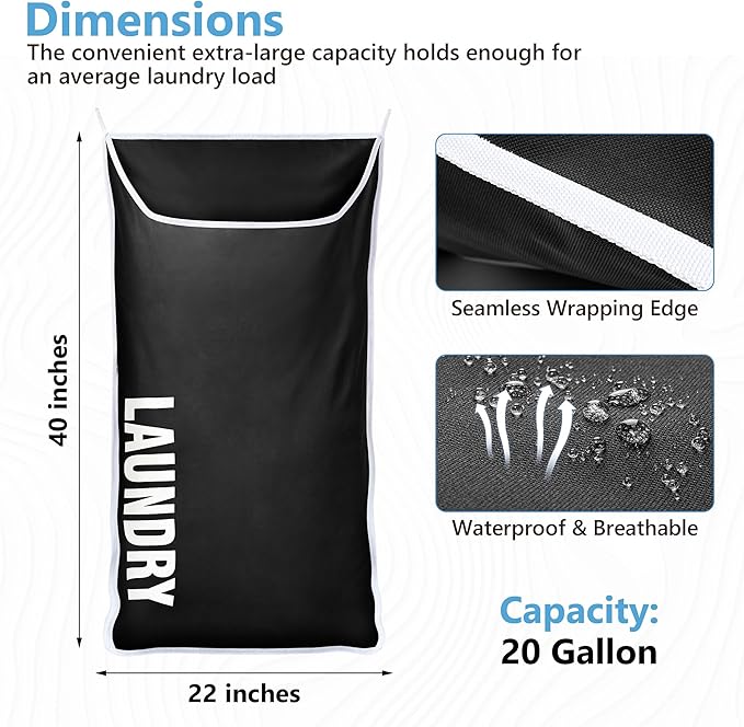 Hanging Laundry Hamper Bag XL 40x22", Space Saving over the Door Storage Bags, Behind the Door Hampers for Dirty Clothes & Wall Mounted Basket for Bathroom, Organizer for Small Room Spaces RV-Ruum Studio Home