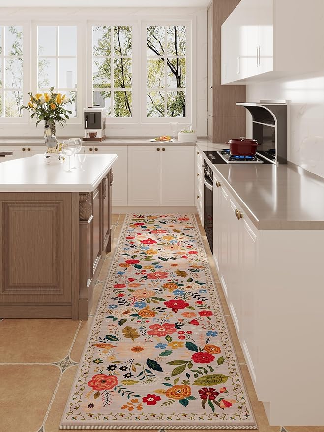 Runners for Hallways Kitchen Runner Rug Non Slip 2'x 10' Long Washable Rugs with Rubber Backing Soft Floral Carpet Runner for Hallways, Kitchen, Laundry, Bedroom, Bathroom(Beige)-Ruum Studio Home