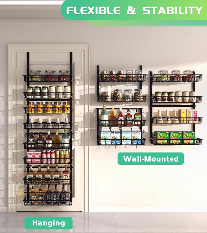 Over The Door Pantry Organizer, Wall Mount Spice Rack, Pantry Hanging Storage and Organization, 8 Adjustable Baskets Heavy-Duty Metal for Home & Kitchen, Back of Door Seasoning Rack - Black-Ruum Studio Home