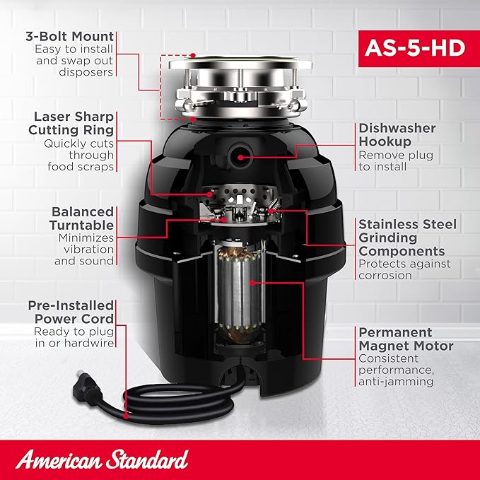 American Standard 10-US-AS-5-HD Garbage Disposal Anti-Jam Stainless Steel Food Waste Grinding System, Heavy Duty, 1/2 HP, Black-Ruum Studio Home